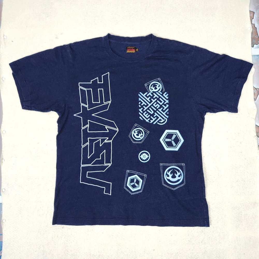 Evisu Embroidered Multi Pocket T Shirt "Denim" Blue Japanese Streetwear XL